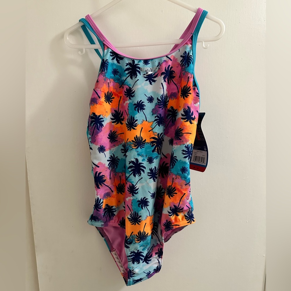 Speedo Kids Palm Print One Piece - Pink, Orange, Blue